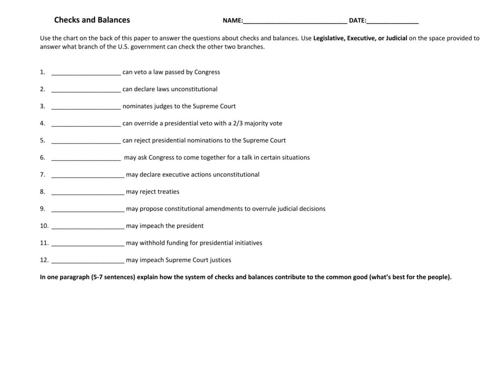 Checks And Balances Worksheet In Supreme Court Nominations Worksheet Answers