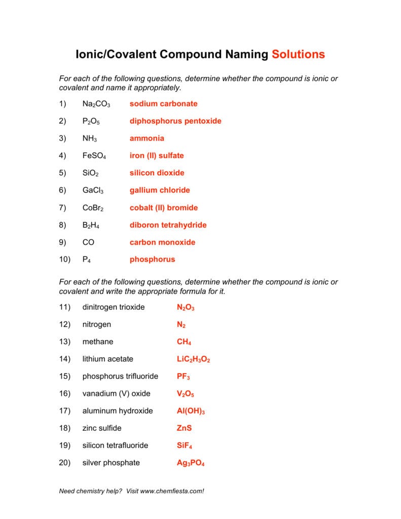 Chemfiesta Naming Chemical Compounds Worksheet Ionic Answers Throughout Naming Chemical Compounds Worksheet Answers
