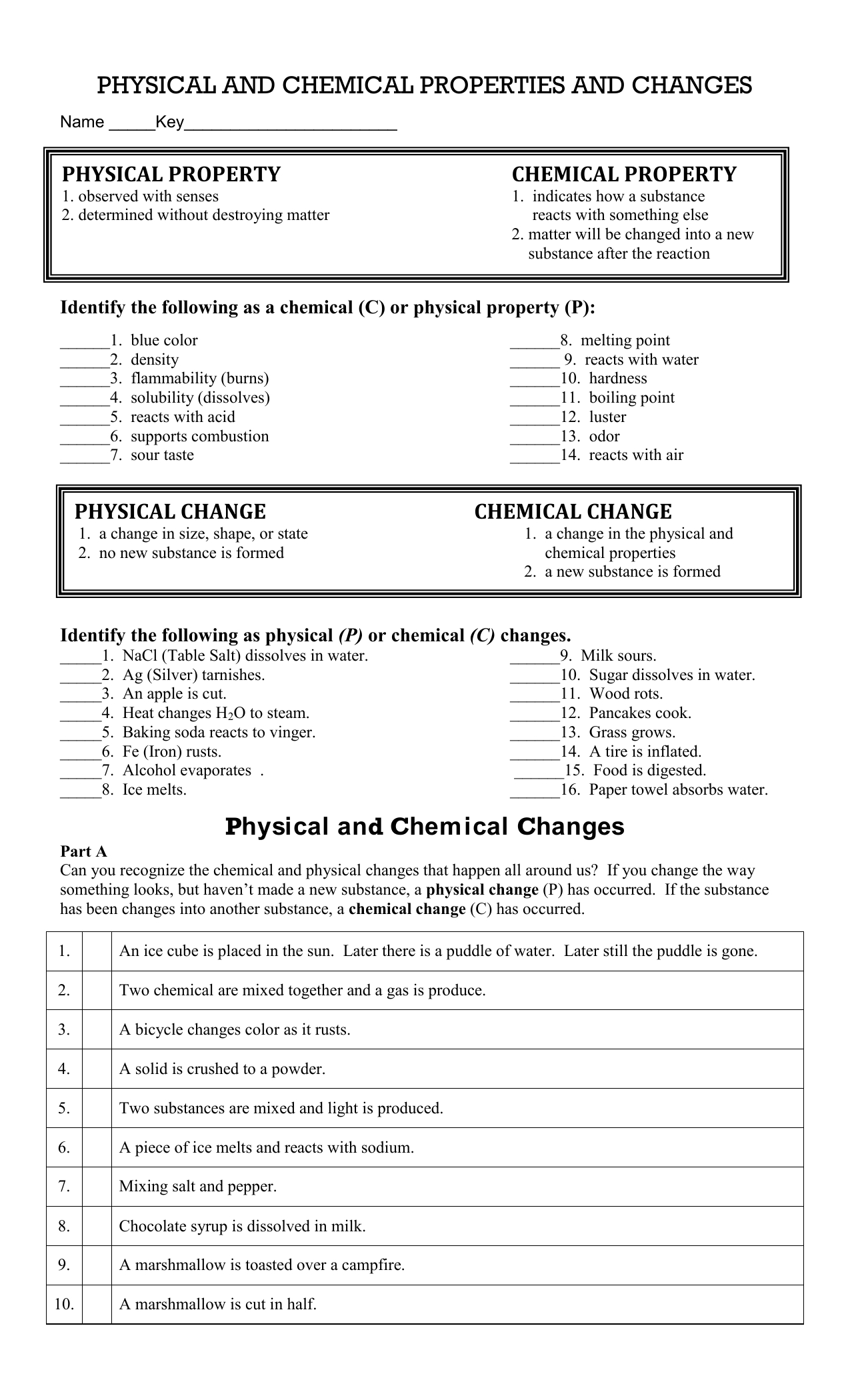 Chemical And Physical Changes With Regard To Physical And Chemical Properties And Changes Worksheet Answers