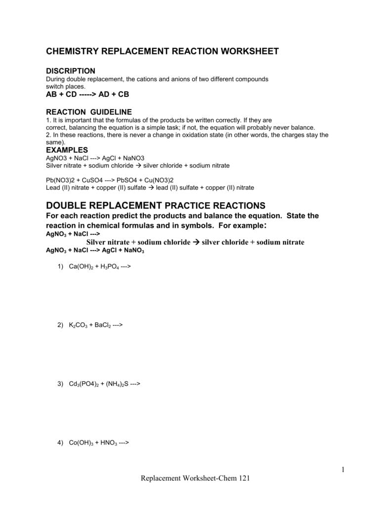 Chemistry Replacement Reaction Worksheet In Predicting Products Worksheet Chemistry