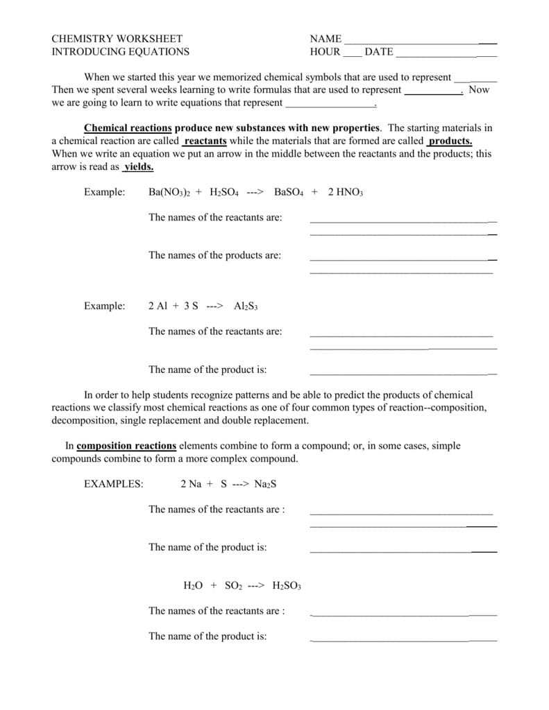 Chemistry Worksheet  Chem1Stsemester2013 And Introduction To Chemical Reactions Worksheet