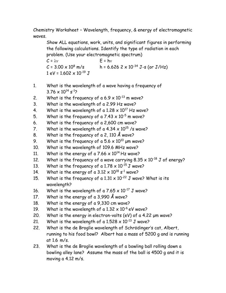 Chemistry Worksheet – Wavelength Frequency  Energy Of For Chemistry Worksheet Wavelength Frequency And Energy Of Electromagnetic Waves Key
