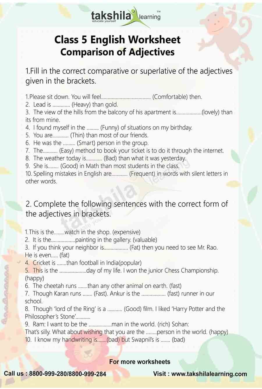 Class 5 English Worksheet Comparison Of Adjectives English Grammar 