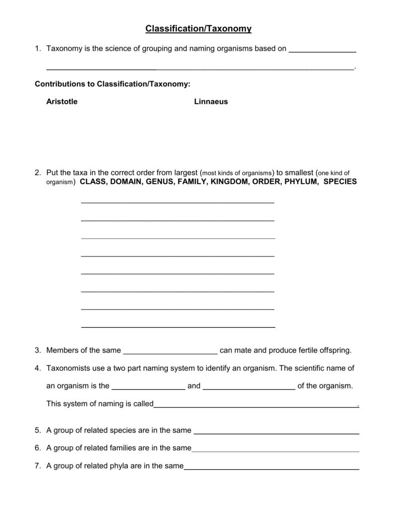 Classificationtaxonomy For Taxonomy Worksheet Biology Answers
