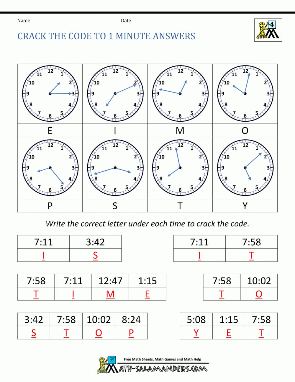 Clock Worksheets  To 1 Minute Regarding Crack The Code Worksheets Printable Free
