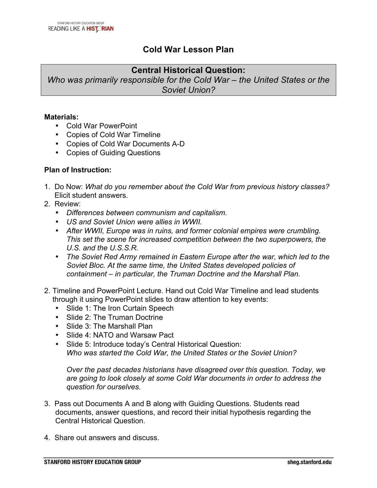 Cold War Lesson Plan  Stanford History Education Group Throughout Stanford History Education Group Reading Like A Historian Worksheet Answers