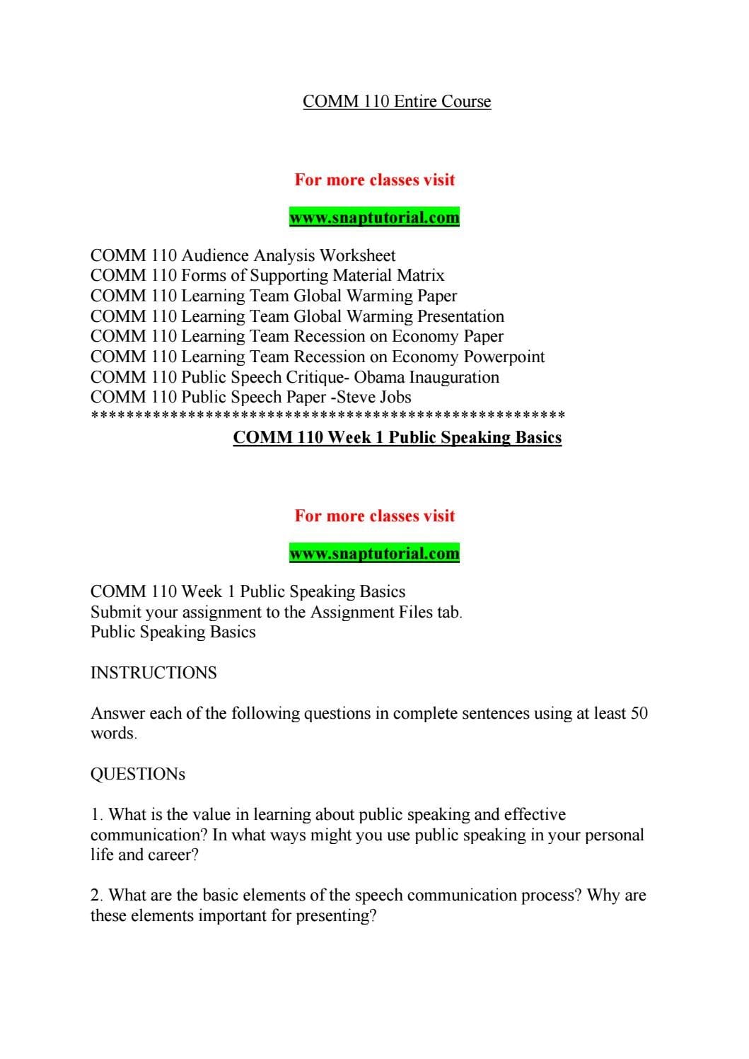 Comm 110 Course Teaching Resources Snaptutorial Com Also Public Speaking Basics Worksheet