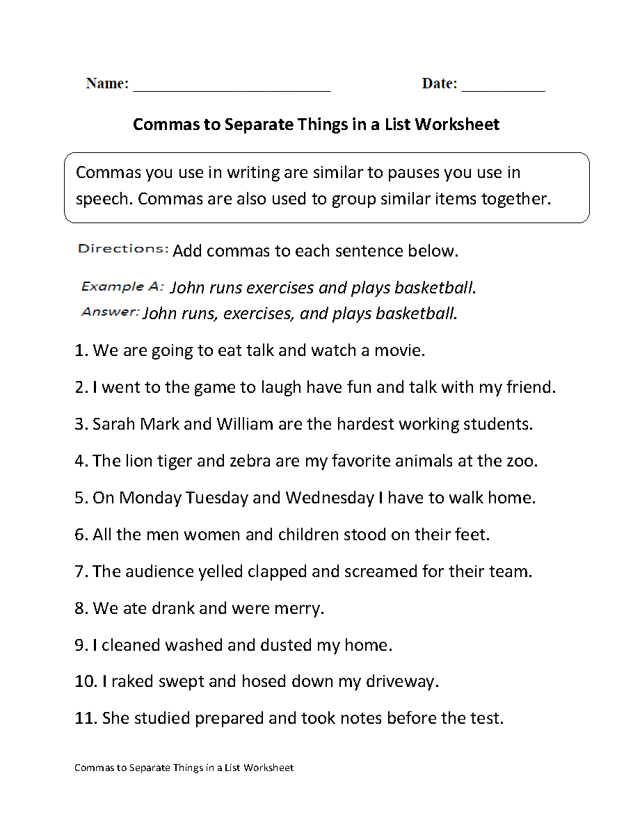Commas Worksheets  Commas Separate Things In List Worksheet Or Using Commas Worksheet