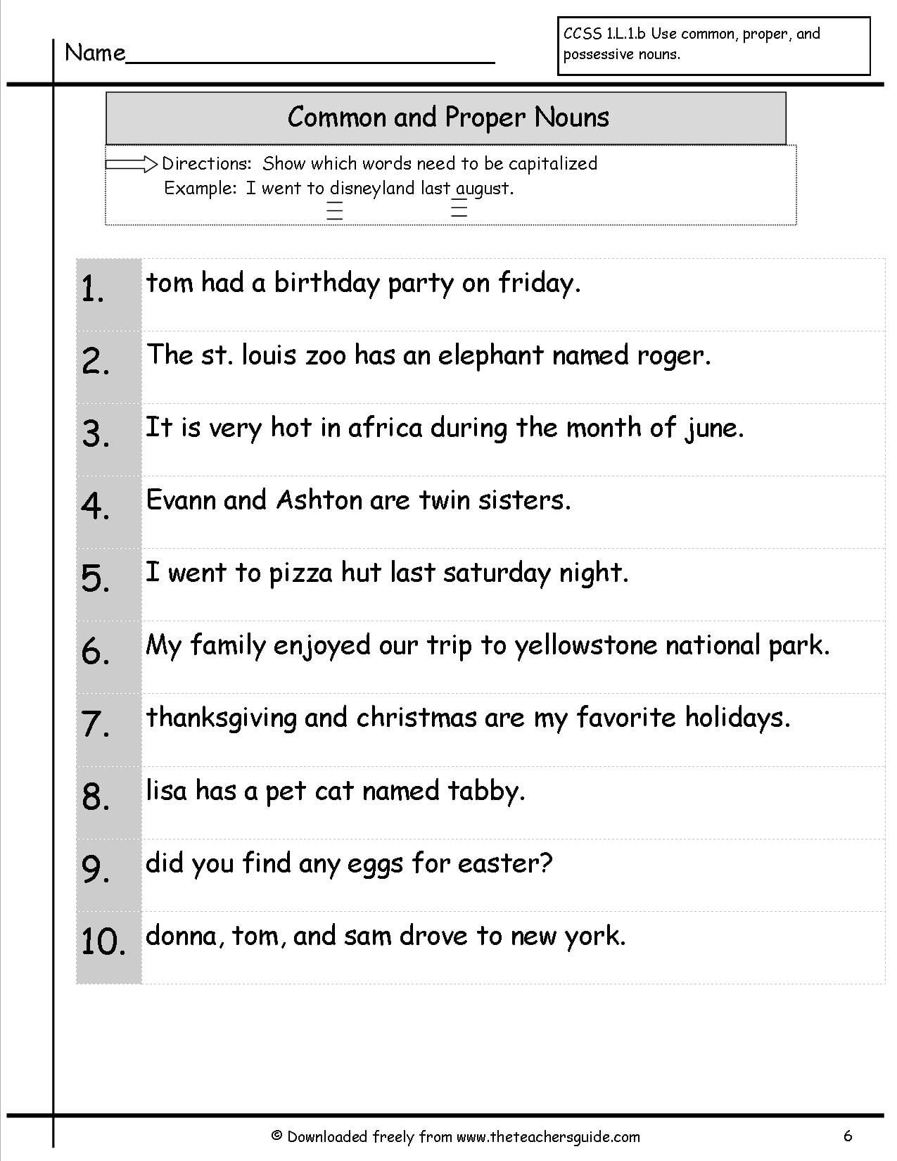 Common And Proper Nouns Worksheets From The Teacher's Guide Within Common And Proper Nouns Worksheets For Grade 5