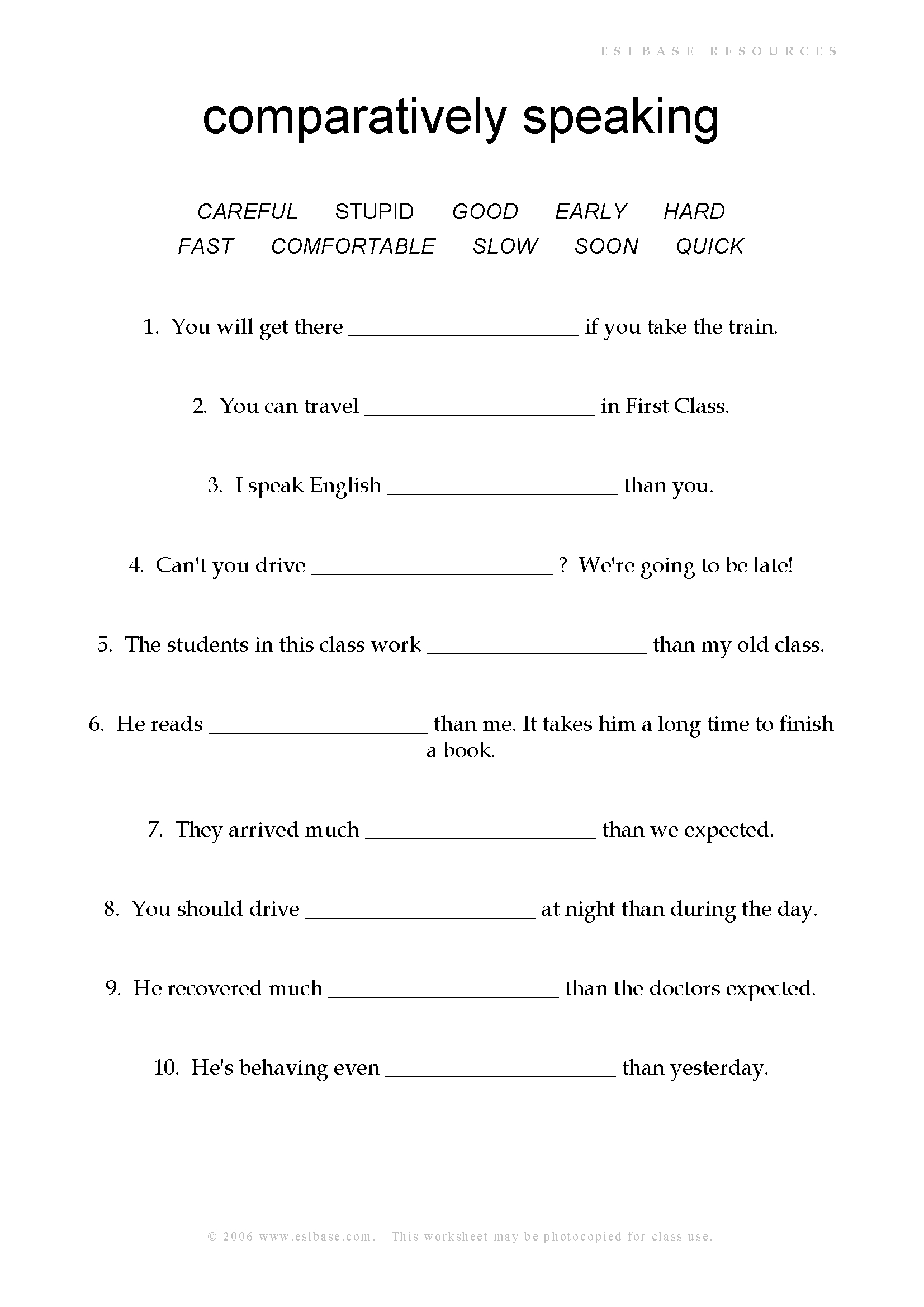 Comparative Adverbs Worksheet  Eslbase Along With Adverb Worksheets Pdf