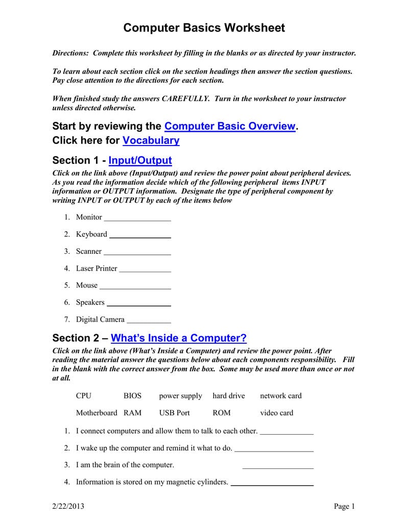 Computer Basics Worksheet Also Computer Basics Worksheet Section 8