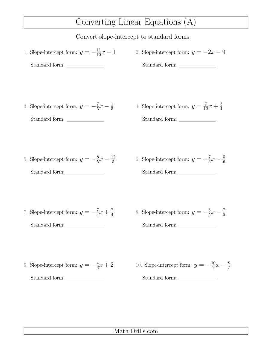 Converting From Slopeintercept To Standard Form A With Regard To Slope Intercept Form Practice Worksheet