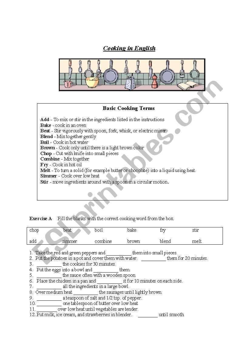 Cooking In English  Esl Worksheetcarole Pertaining To Basic Cooking Terms Worksheet