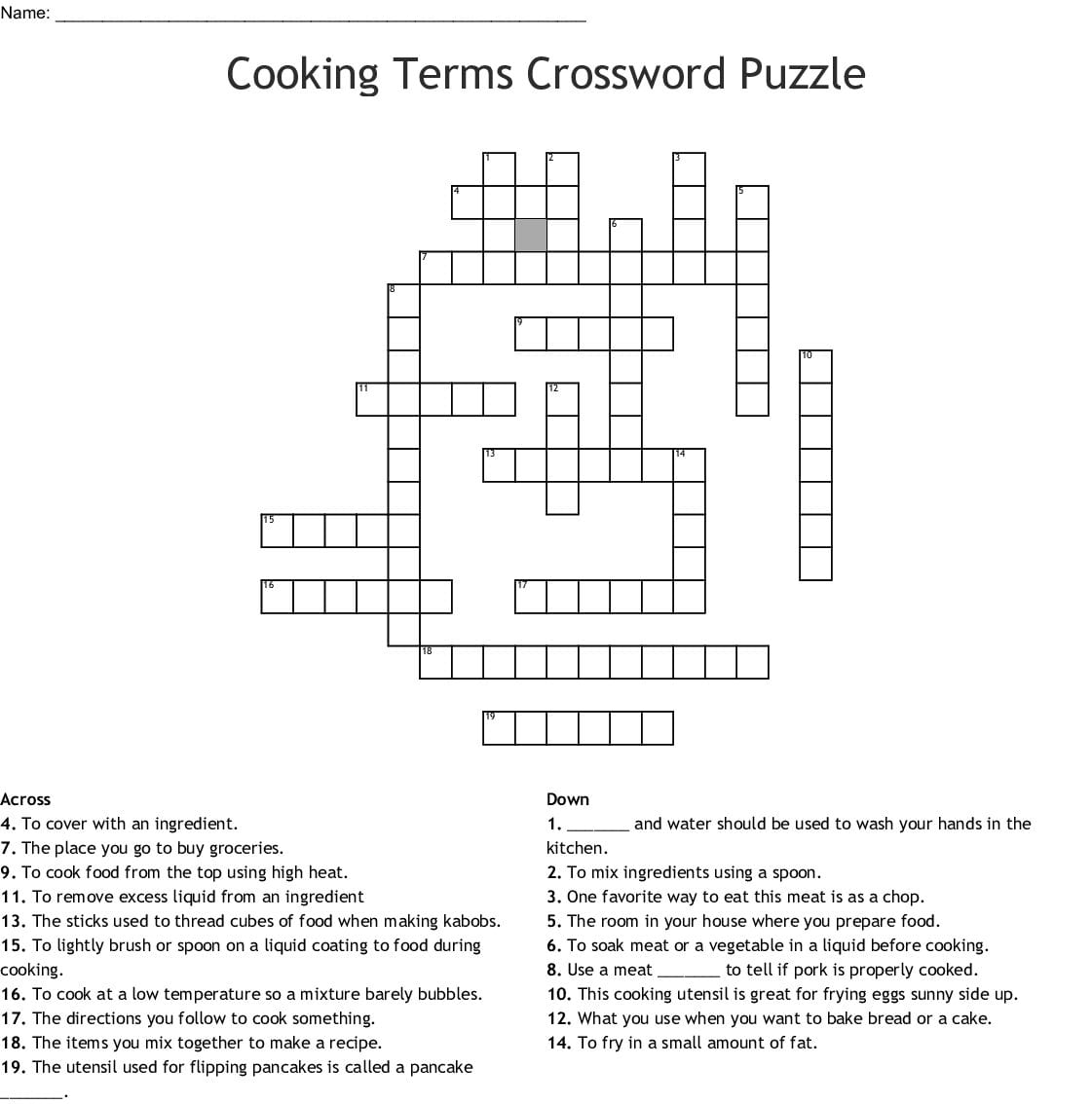 Cooking Terms Crossword Puzzle  Wordmint In Basic Cooking Terms Worksheet