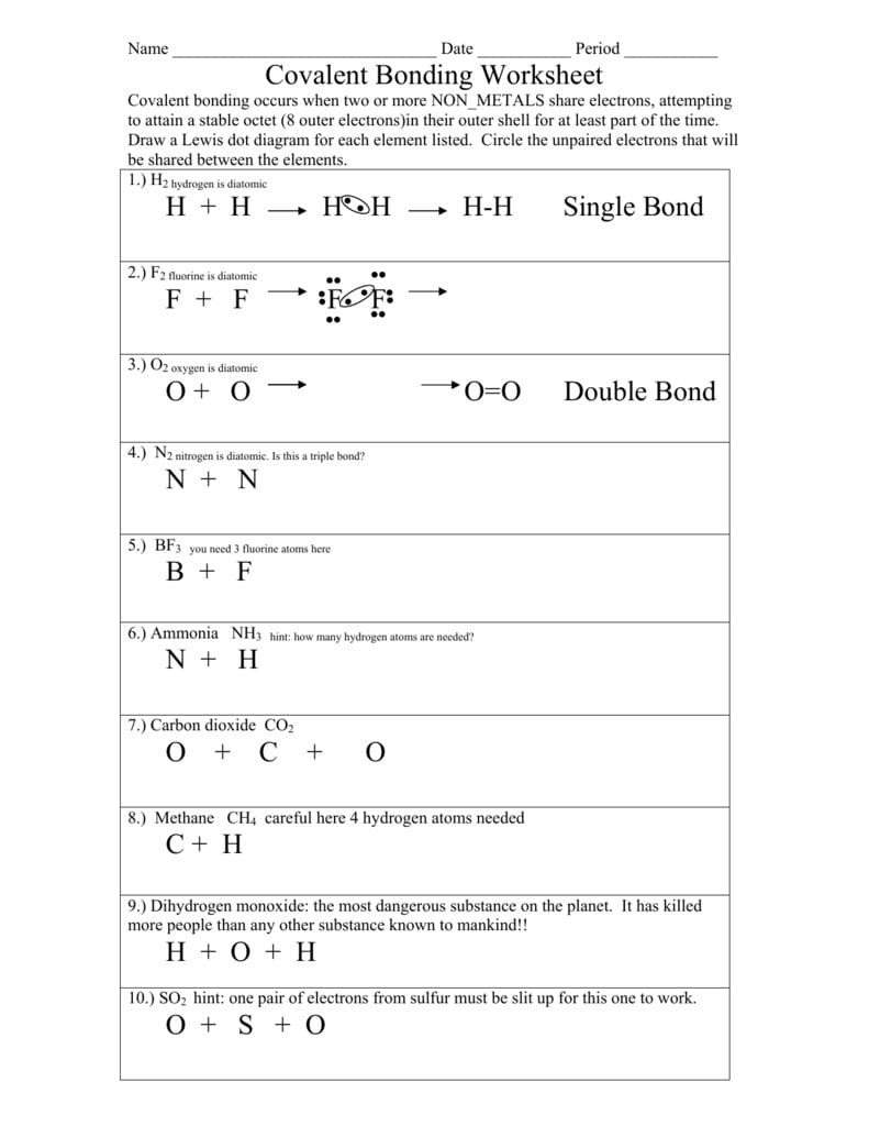 Covalent Bonding Worksheet For Covalent Bonding Worksheet