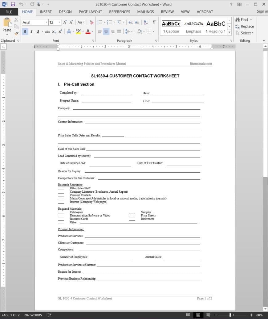 Customer Contact Worksheet Template Within Sales Pre Call Planning Worksheet