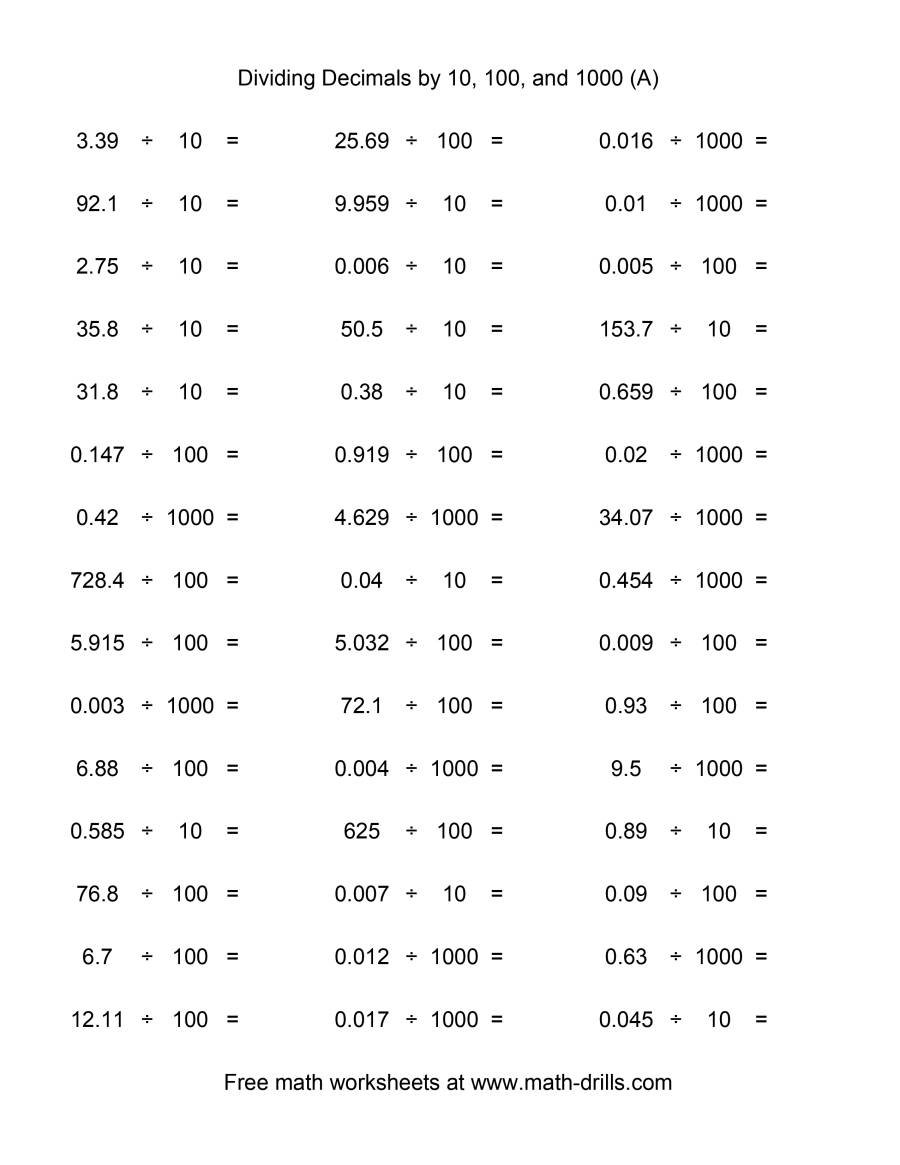 Decimal Divided10 100 Or 1000 Horizontal 45 Per Page A Pertaining To Multiplying Decimals By 10 100 And 1000 Worksheet