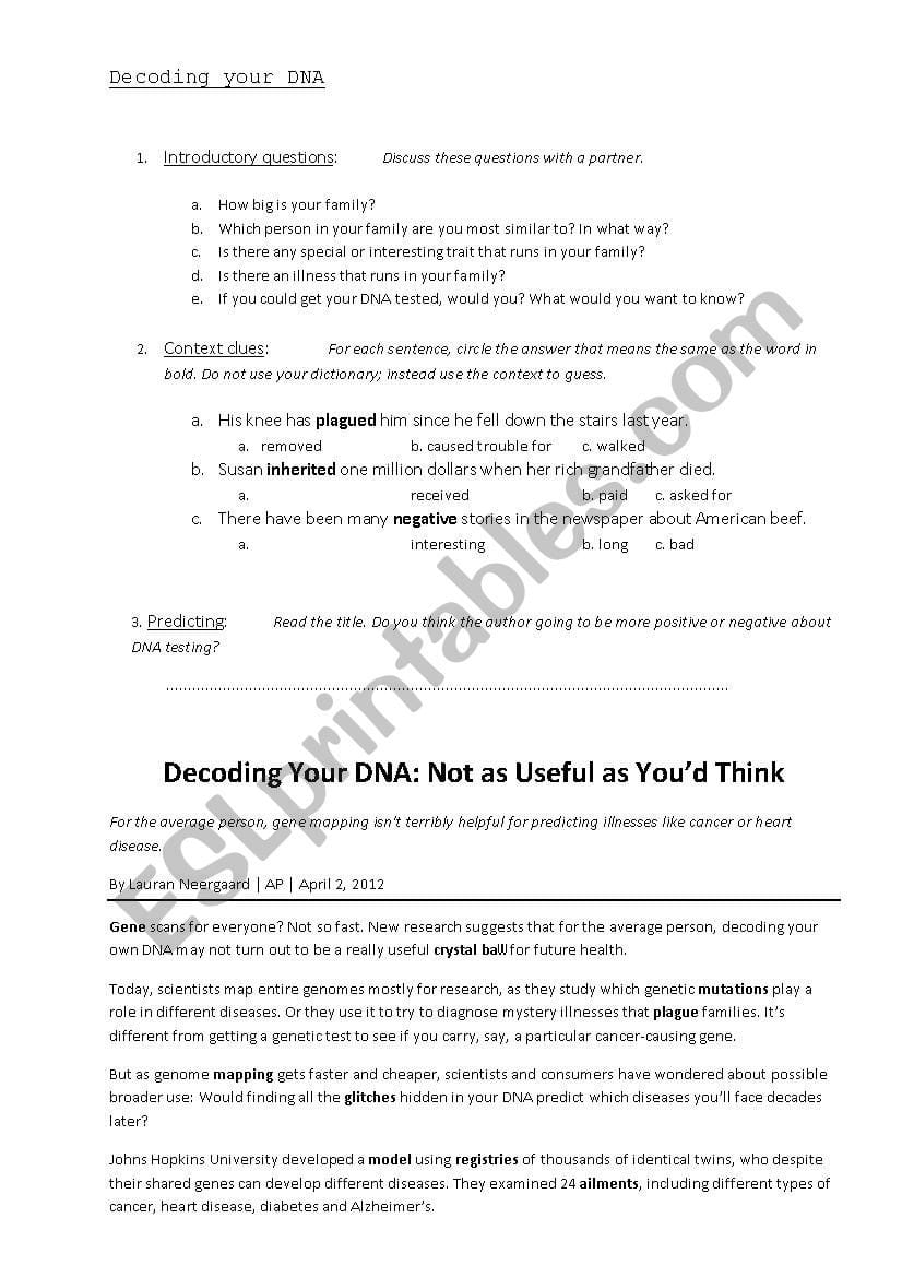 Decoding Your Dna  Esl Worksheetteachingspeeching With Regard To Dna Reading Comprehension Worksheet