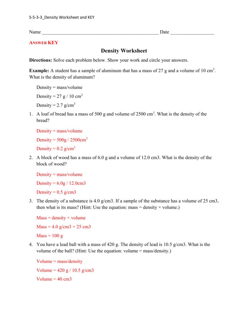 Density Practice Worksheet Answers Also Work Problems Worksheet With Answers
