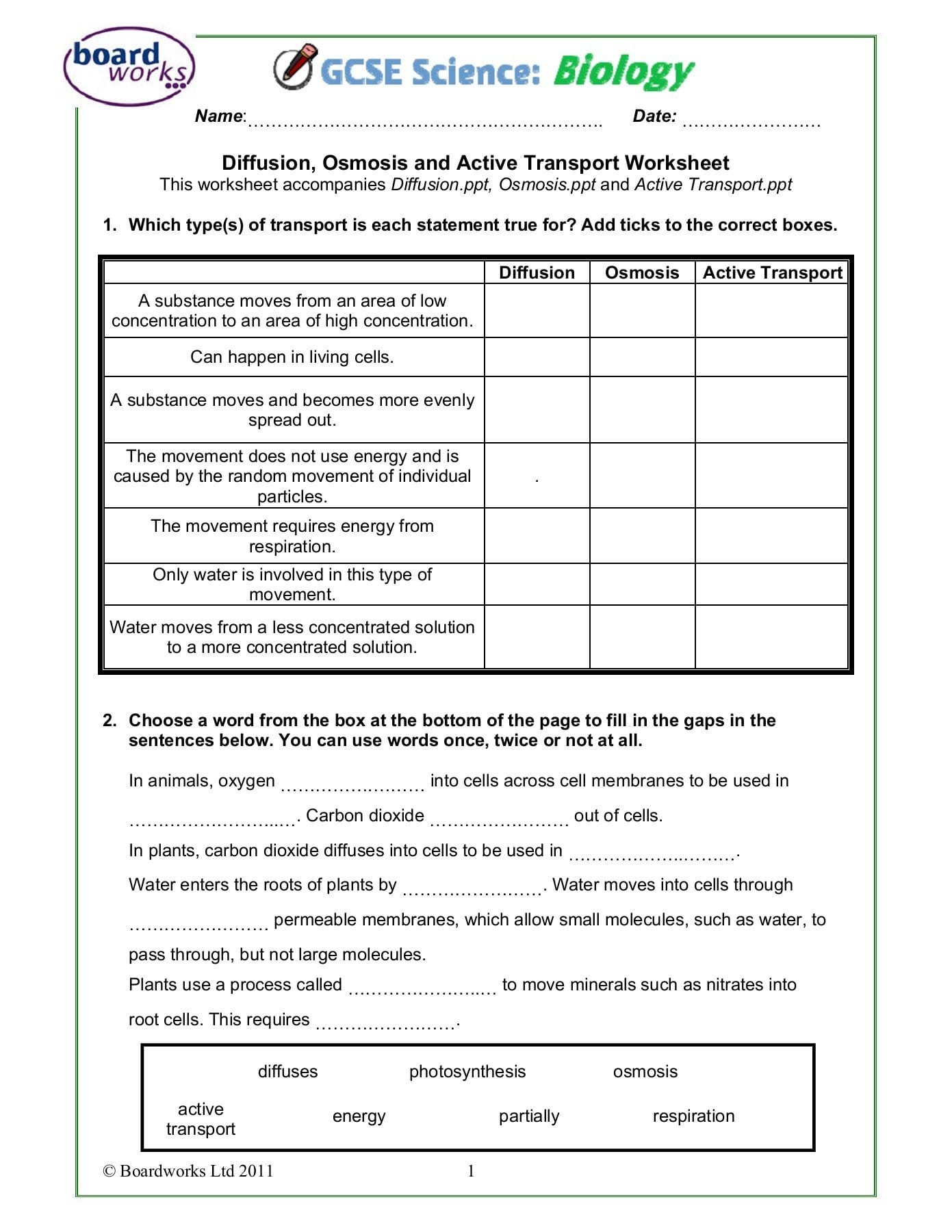 Diffusion Osmosis And Active Transport Worksheet Inside Active Transport Worksheet