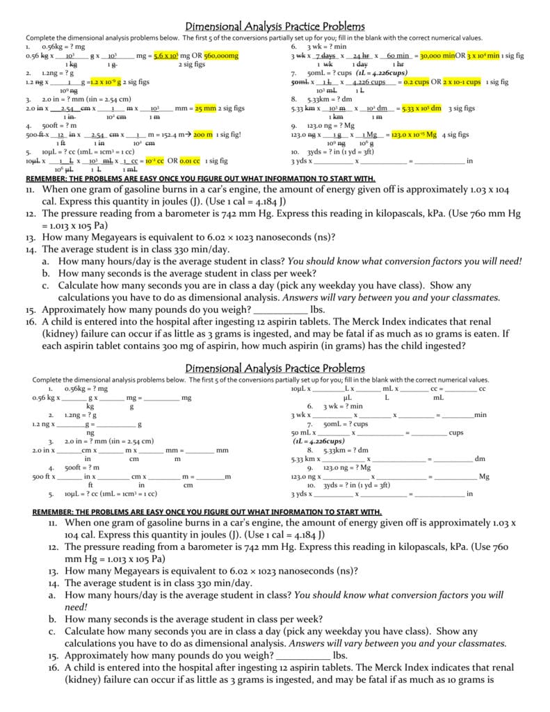 Dimensional Analysis Worksheetkey For Dimensional Analysis Worksheet Answers