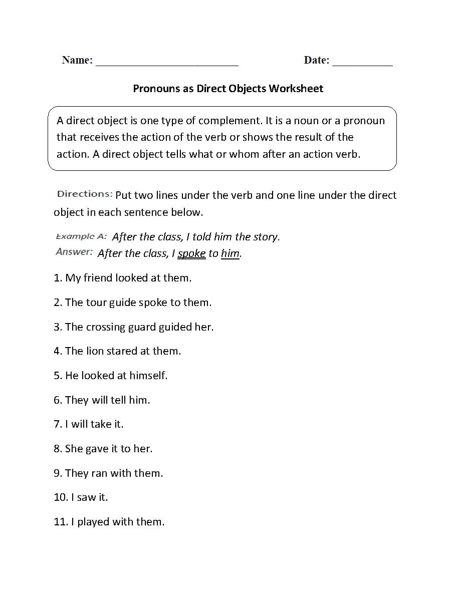 Direct And Indirect Object Worksheets  Pronouns As Direct Objects And Worksheet 2 Direct Object Pronouns Answer Key