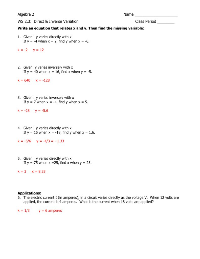 Direct And Inverse Variation Worksheet With Answers  Yooob Throughout Direct And Inverse Variation Word Problems Worksheet With Answers