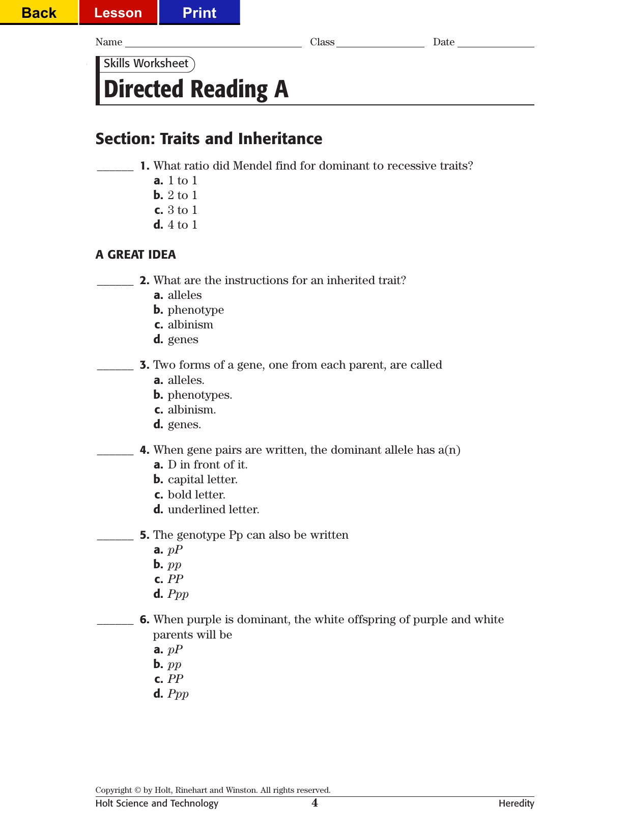 Directed Reading A For Skills Worksheet Directed Reading A Answer Key