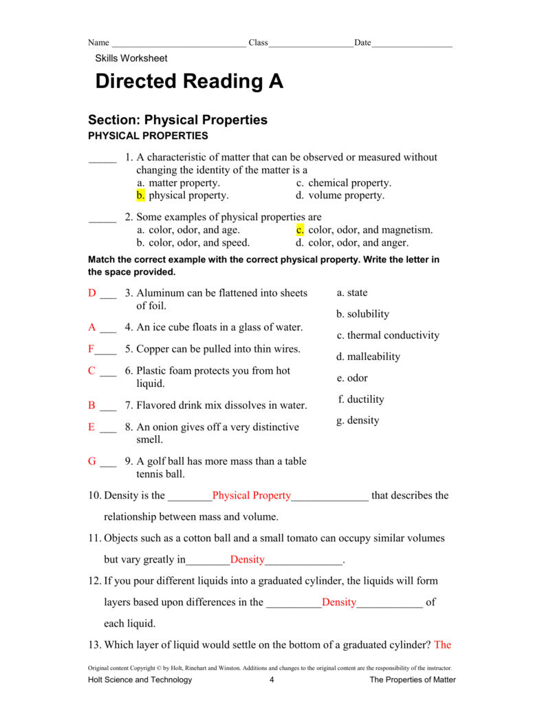 Directed Reading Worksheets Physical Science Answers Document Skills Or Skills Worksheet Directed Reading