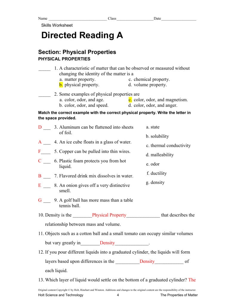 Directed Reading Worksheets Physical Science Answers Math Or Handmaid039S Tale Worksheet