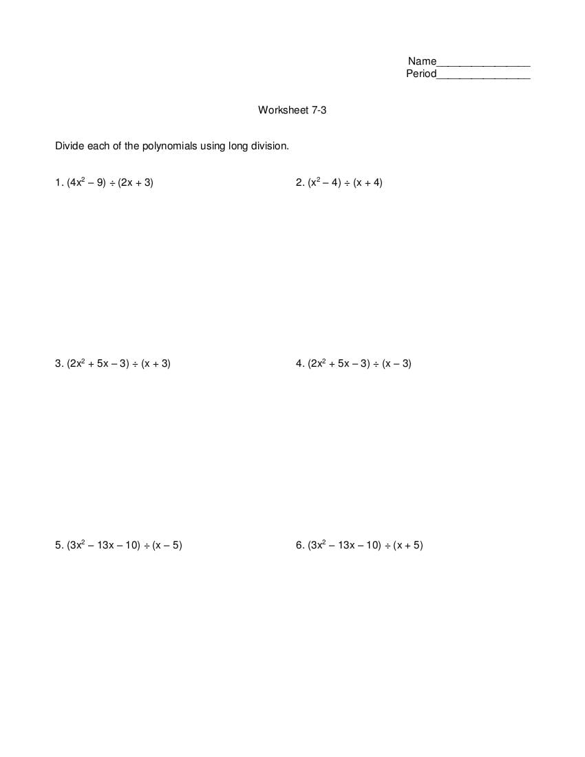 Divide Using Long Division Worksheet  Mathworksheets And Synthetic Division Worksheet With Answers Pdf