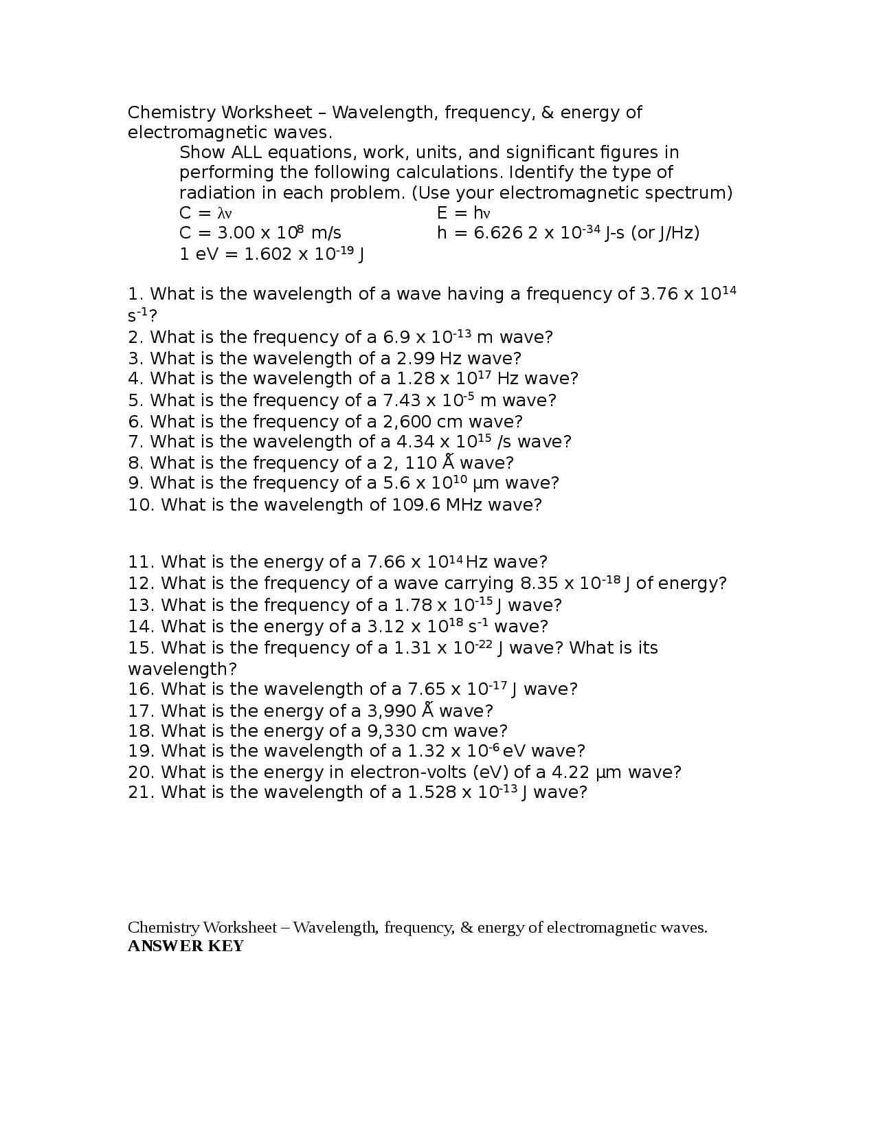 Electromagnetic Waves  Worksheet  Docsity Also Chemistry Worksheet Wavelength Frequency And Energy Of Electromagnetic Waves Key