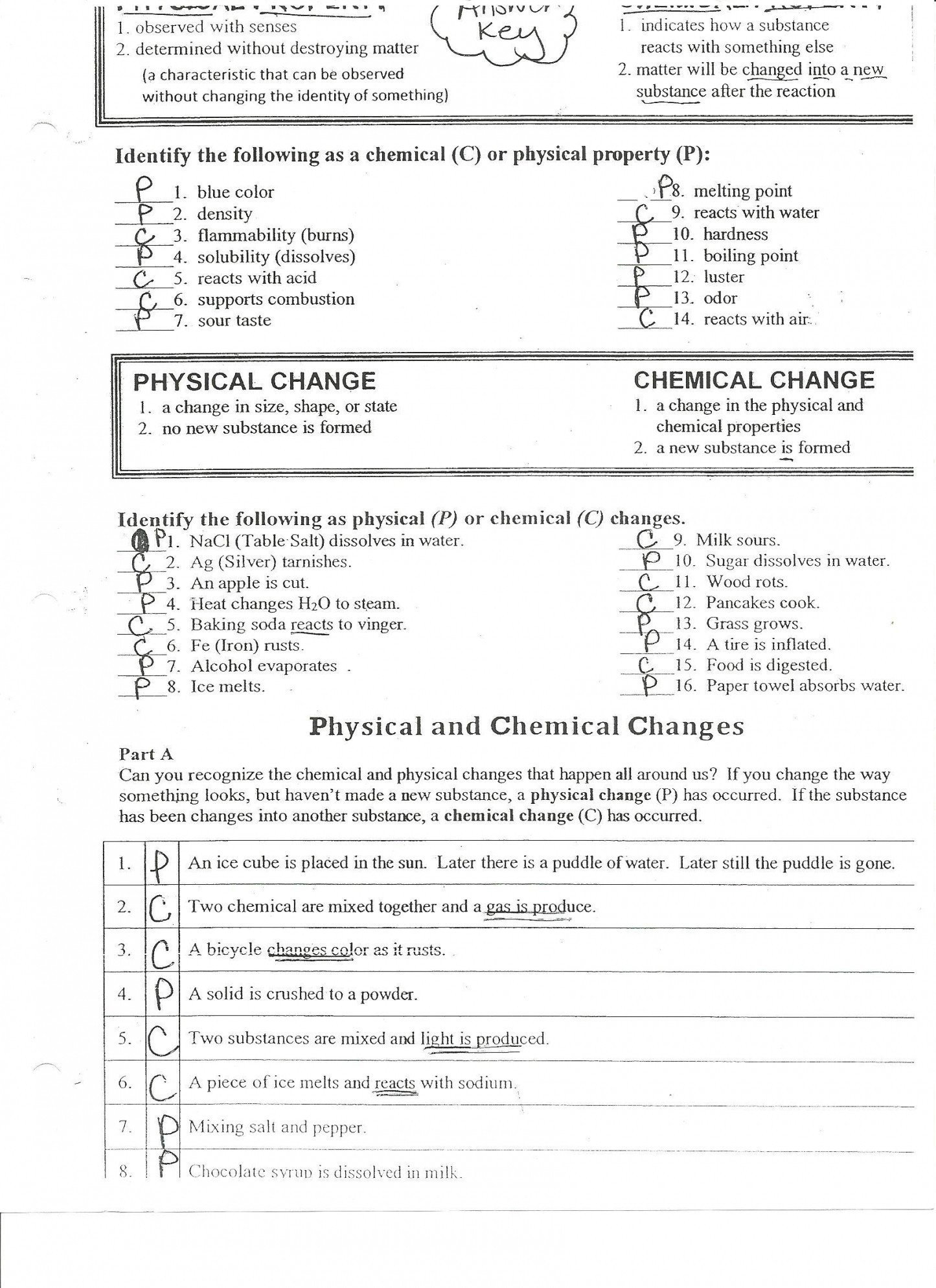 Elegant Matter Properties And Changes Worksheet Answers – 7Th Grade Intended For Physical And Chemical Properties And Changes Worksheet Answers