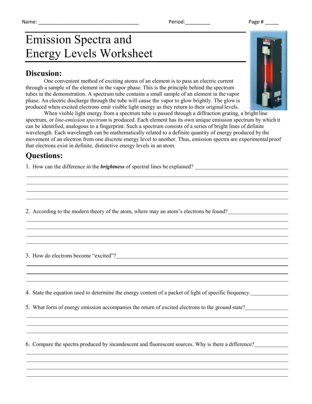 Emission Spectra And Energy Levels Worksheet Throughout Atomic Spectra Worksheet Answers