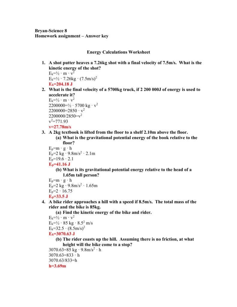 Energy Calculations Worksheet Also Energy Worksheet Answers