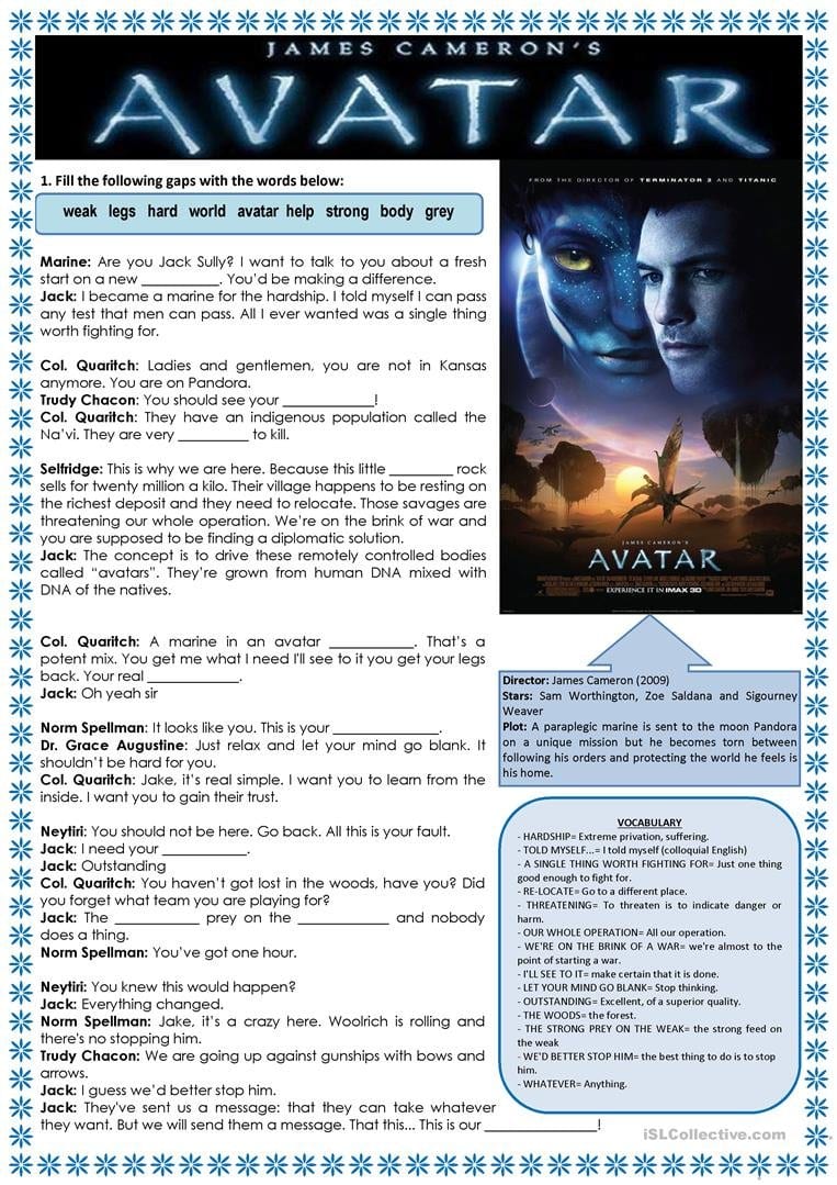 English Esl Avatar Worksheets  Most Downloaded 4 Results Also Avatar Movie Lesson Plan Worksheets