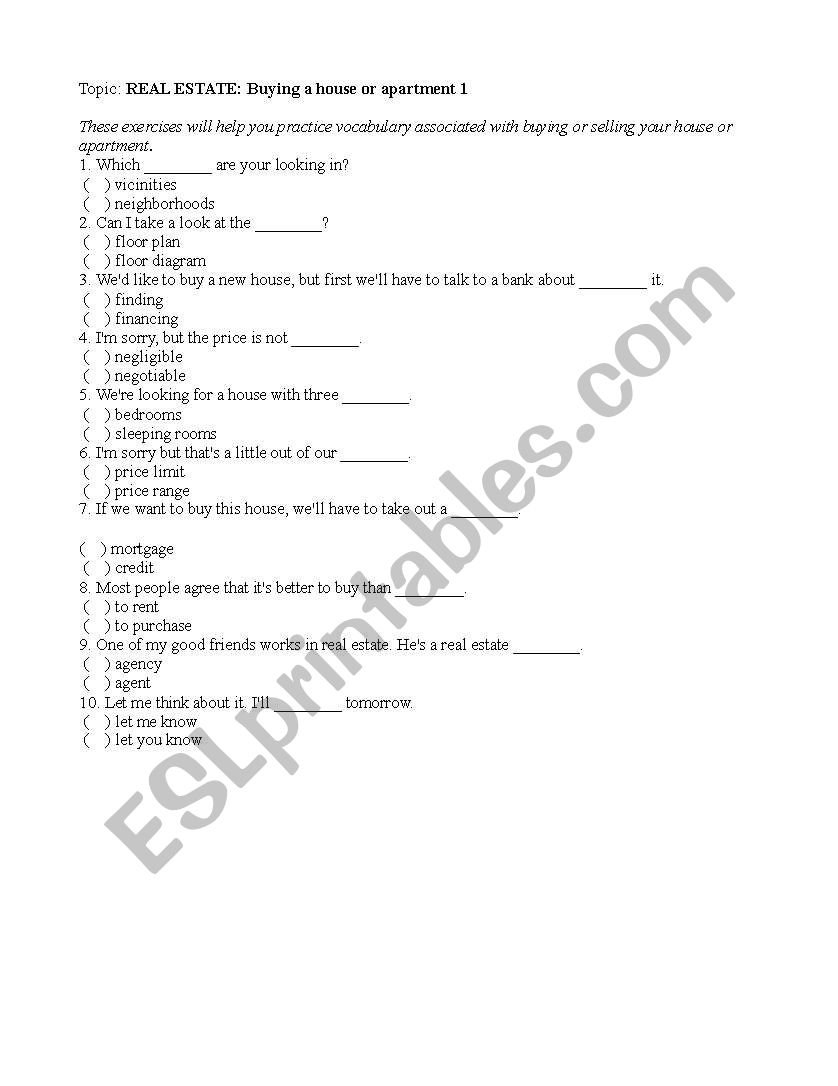 English Worksheets Buying And Selling A House Vocabulary  Multiple For Real Estate Vocabulary Worksheet