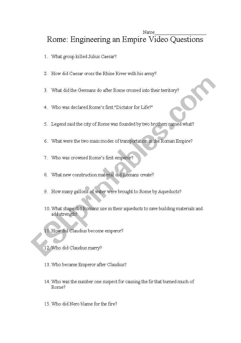 English Worksheets Engineering An Empire Rome Video Questions Also Rome Engineering An Empire Worksheet Answers