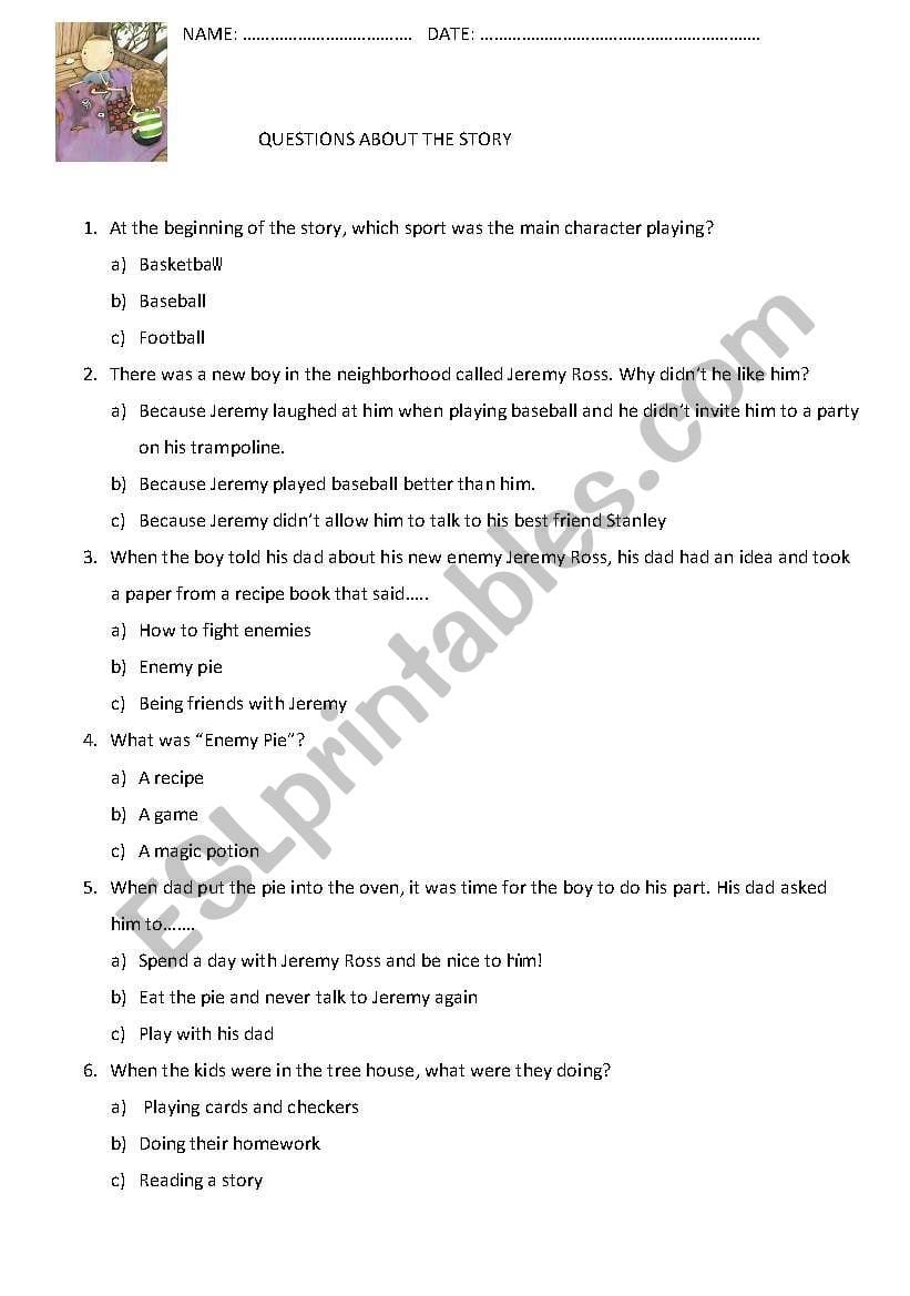 English Worksheets Multiple Choice  Reading Comprehension As Well As Enemy Pie Printable Worksheet