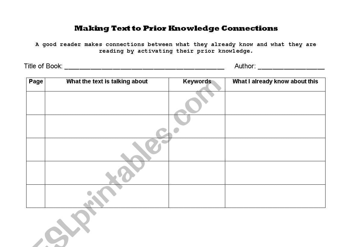 English Worksheets Reading Comprehension Strategy Textprior With Regard To Text To Text Connections Worksheet