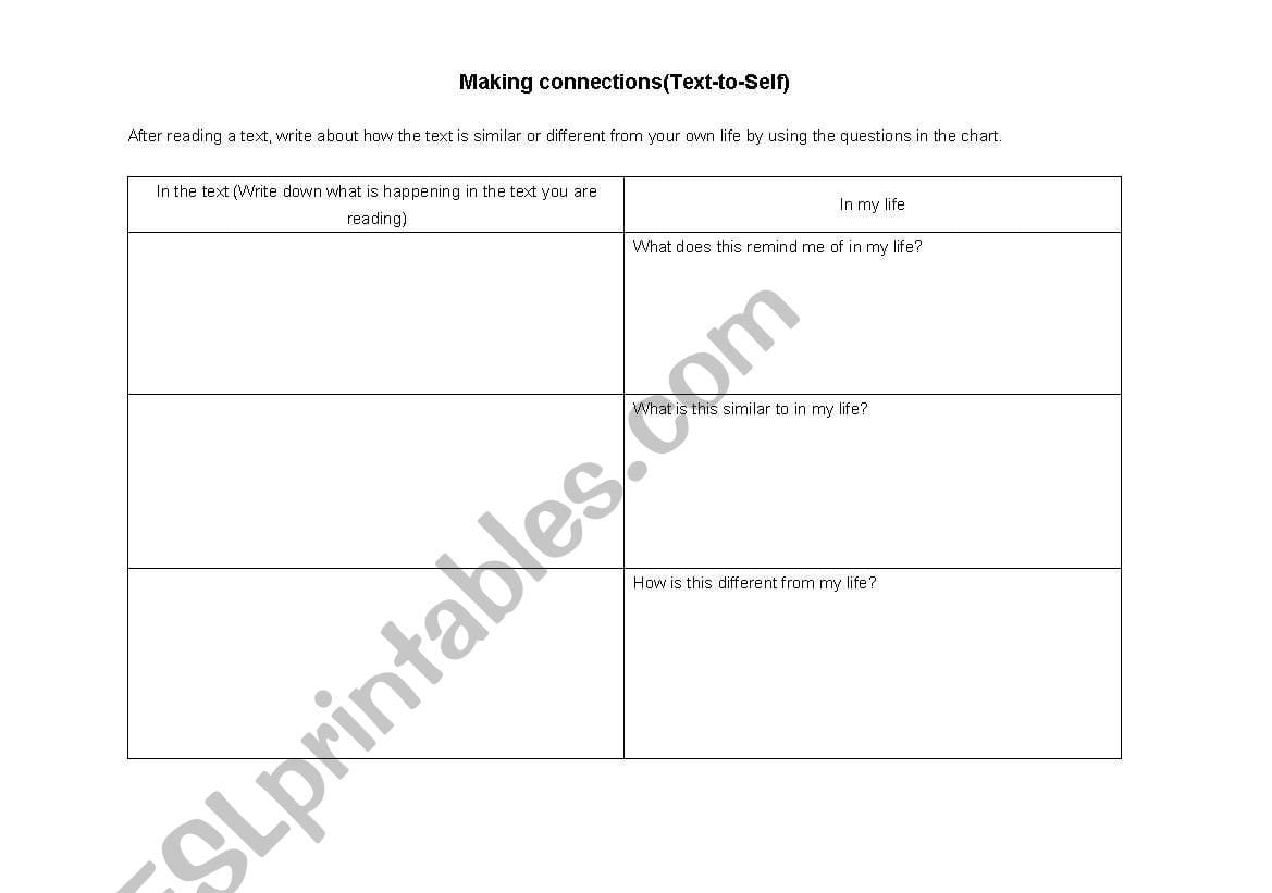 English Worksheets Text Connectiontexttoself Or Text To Text Connections Worksheet