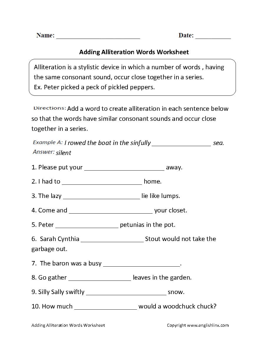 Englishlinx  Alliteration Worksheets Together With Grade 7 English Worksheets Pdf