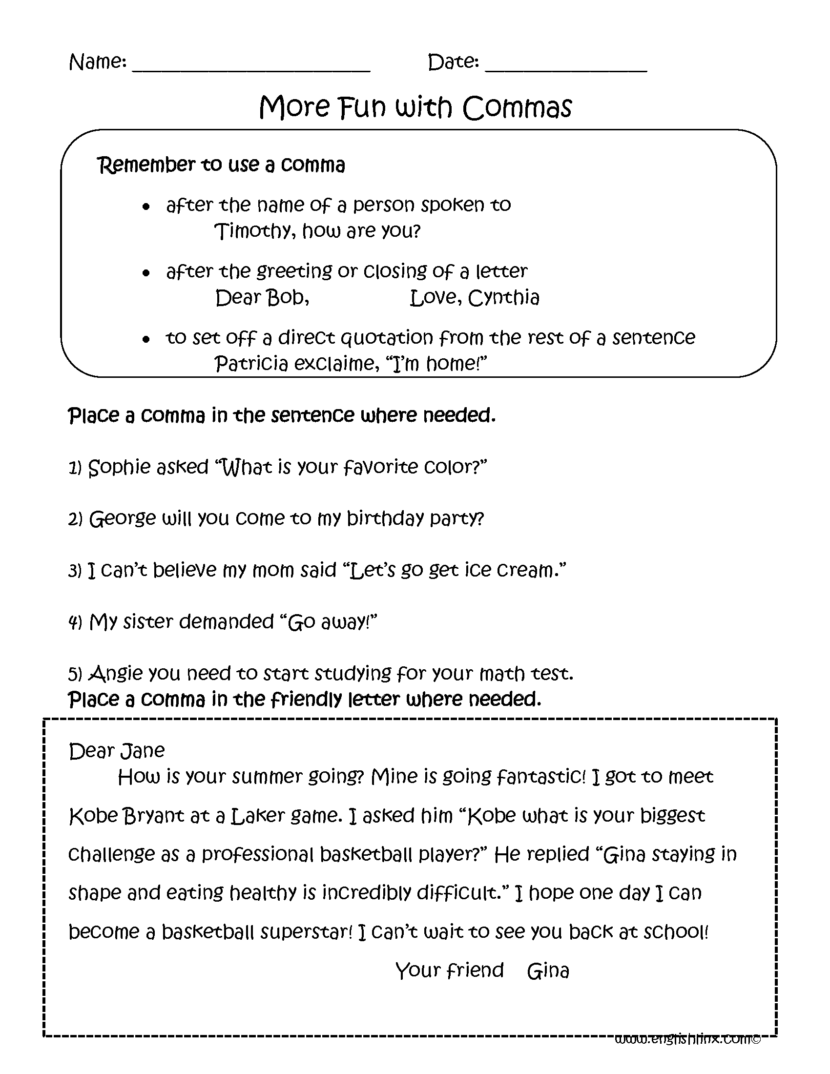 Englishlinx  Commas Worksheets For Using Commas Worksheet