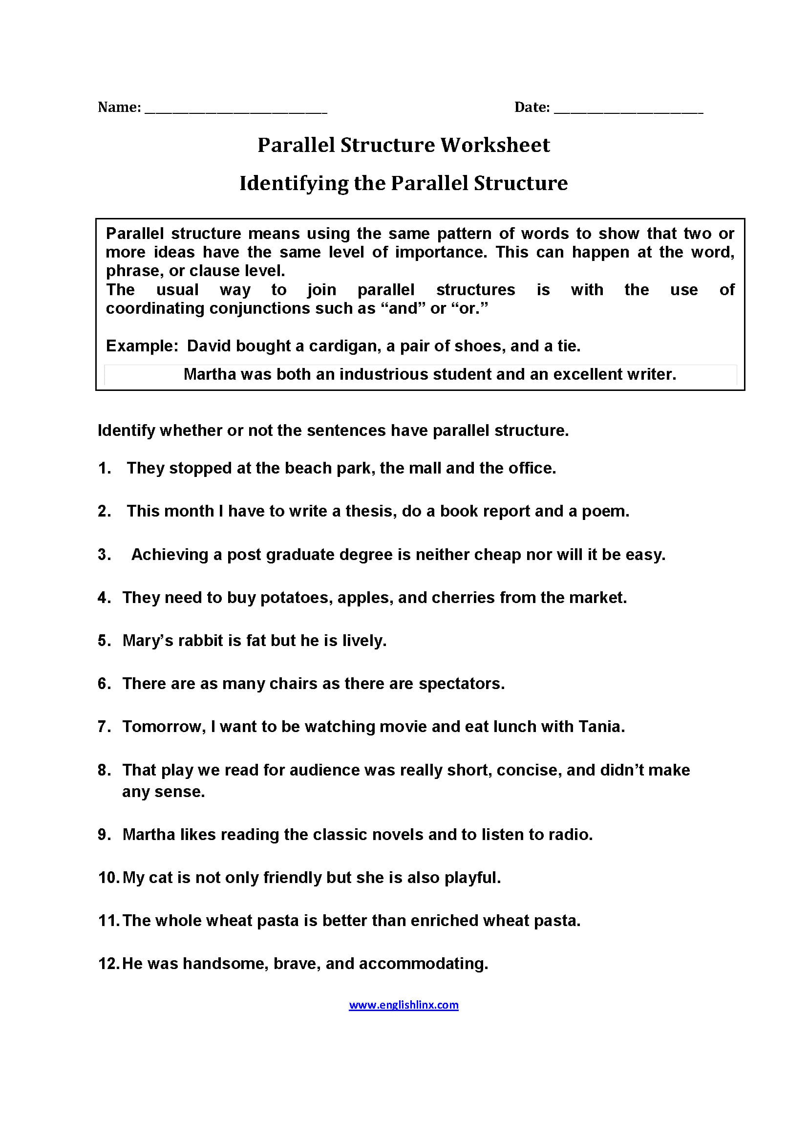 Englishlinx  Parallel Structure Worksheets Within Parallel Structure Worksheet