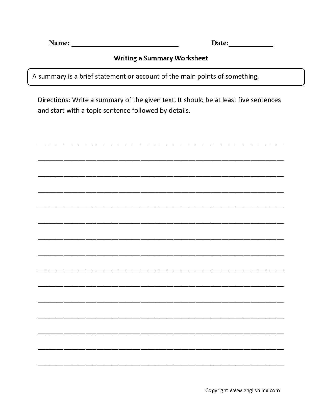 Englishlinx  Summary Worksheets In Summarizing Worksheets Pdf