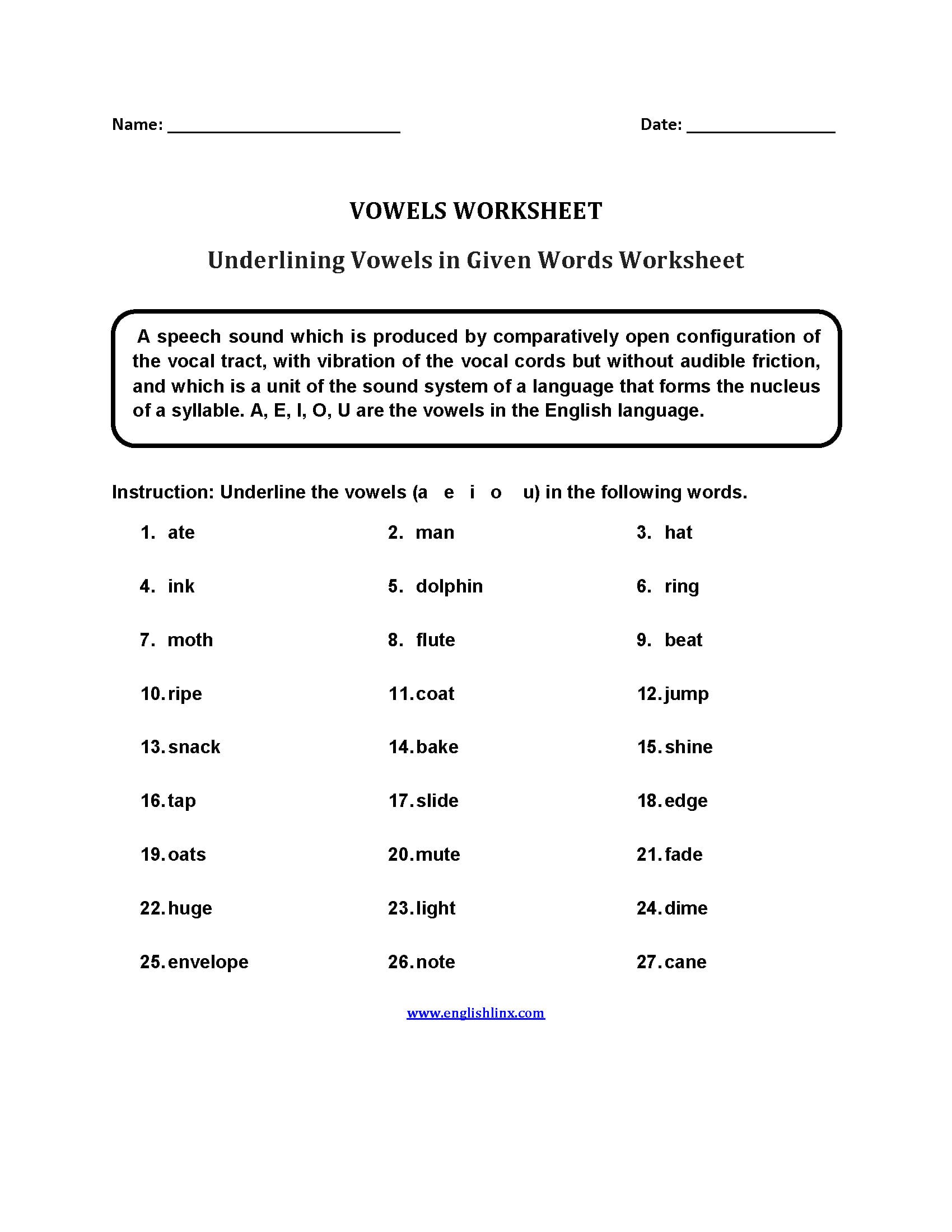Englishlinx  Vowels Worksheets For Mark The Vowels Worksheet