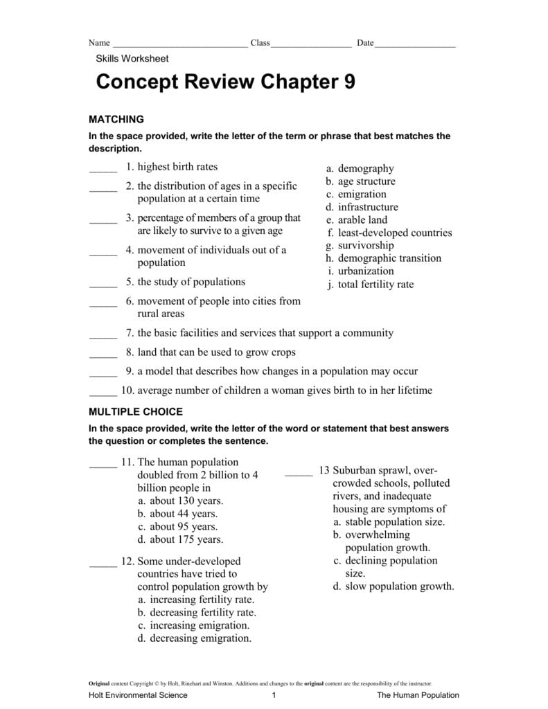 Environmental Science  Chapter 9 Worksheet Also Environmental Science Worksheet Answers