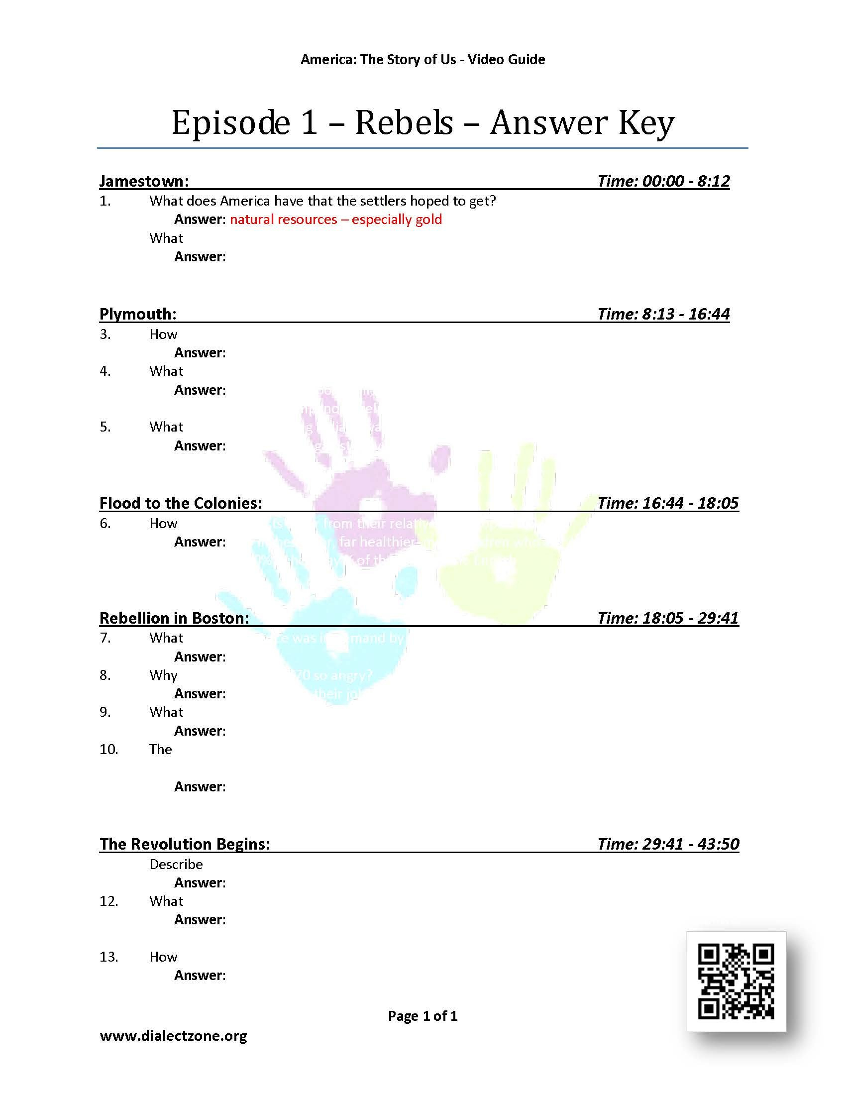 Episode 1  Rebels  Answer Keys Atsouep1Key  199  Dialect With America The Story Of Us Rebels Worksheet Answers