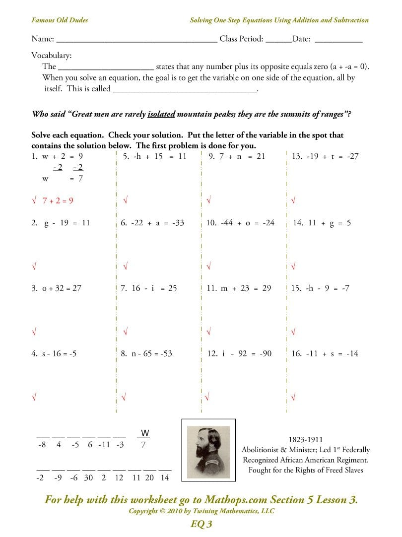 Eq03 Solving One Step Equations Using Addition And Subtraction Also Solving One Step Equations Worksheet