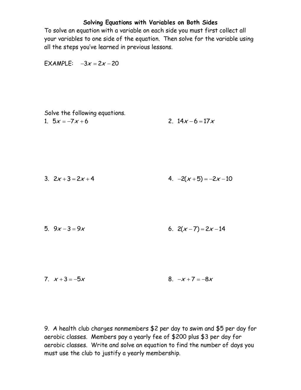 Equations With Variables On Both Sides Worksheet  Briefencounters And Solving Equations With Variables On Both Sides Worksheet 8Th Grade